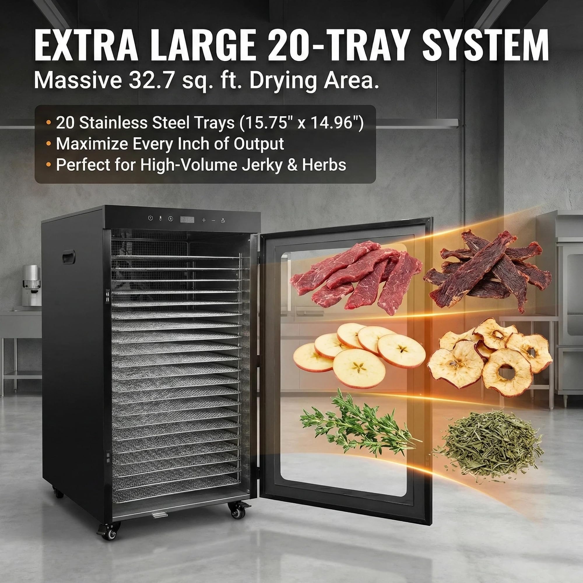 Morgangastro 20-Tray Food Dehydrator, 1600W, 86°F-194°F, 24H Timer, for Jerky, Fruits, Meat & Herbs - Image 2
