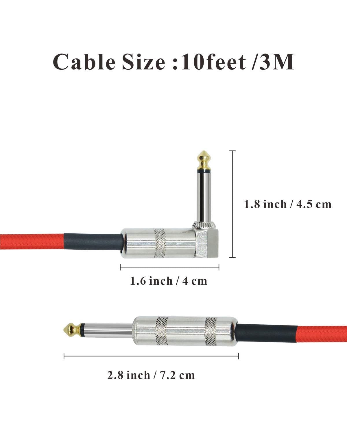 10Feet Professional Guitar Instrument Cable with a red Tweed Coat Angle 1/4 Inch TS to Straight 1/4 Inch TS - Image 2