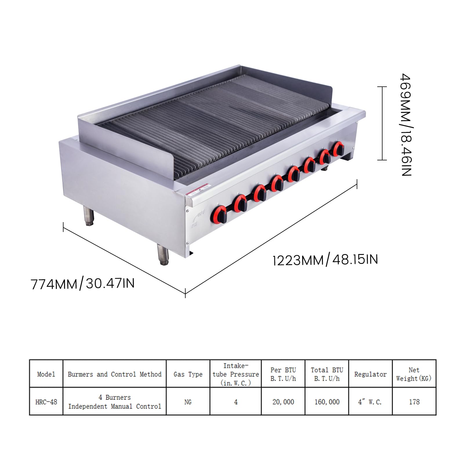 EASYROSE 48" Radiant Gas Charbroiler Countertop Gas Grill with 8 Burner 160,000 BTU - Image 2