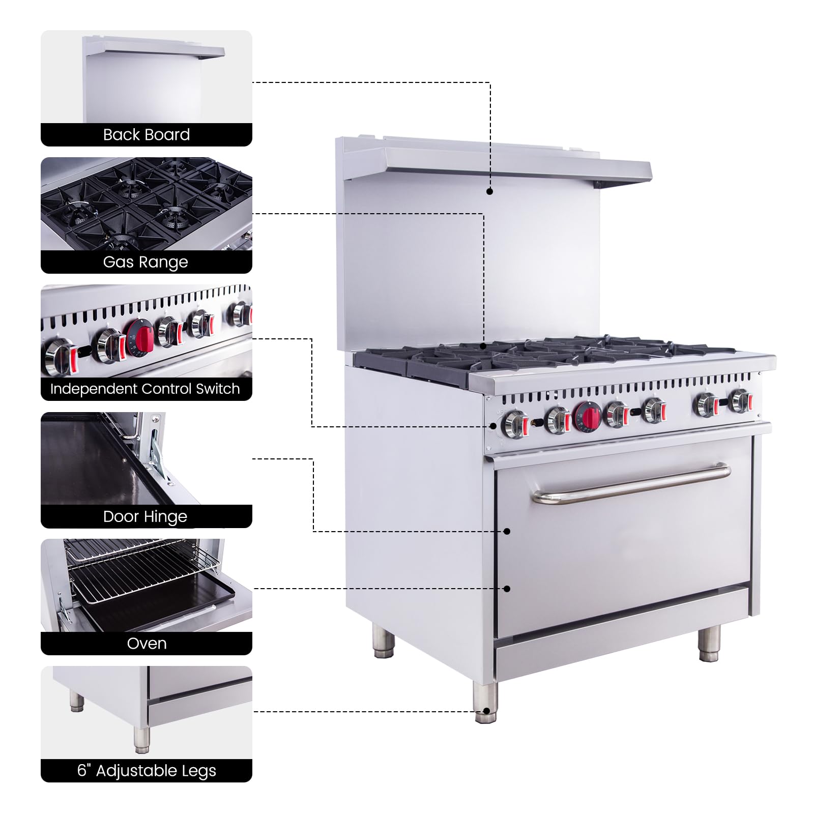 EasyRose 36 Inch Gas Range 6 Burner Heavy Duty Ranges With Oven, Commercial Range for Kitchen Restaurant - 210,000 BTU, ETL Certified - Image 3