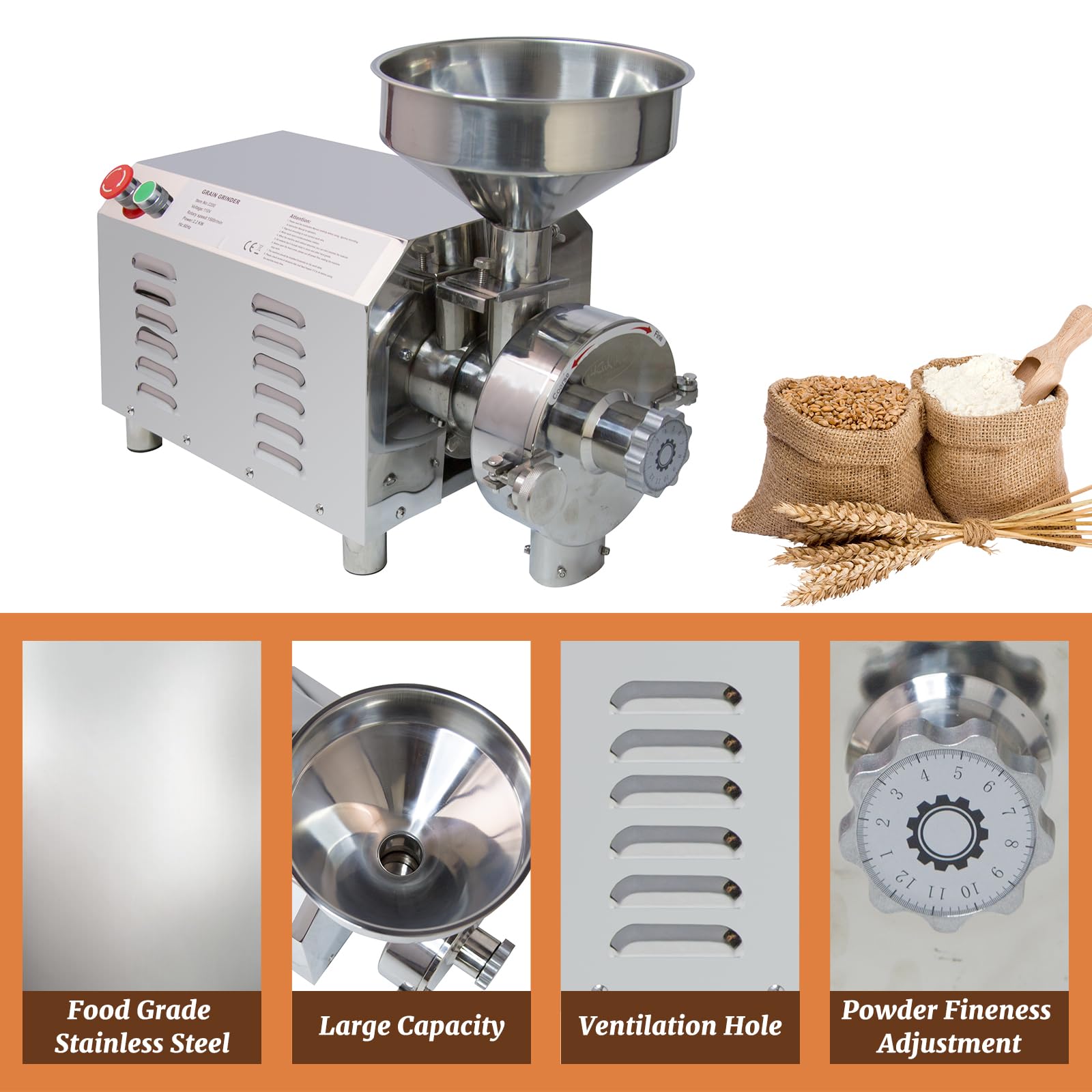MorganGastro Electric Grain Grinder 2200W Mill Grinding Pulverizer Machine 30-50kg/h - Image 7