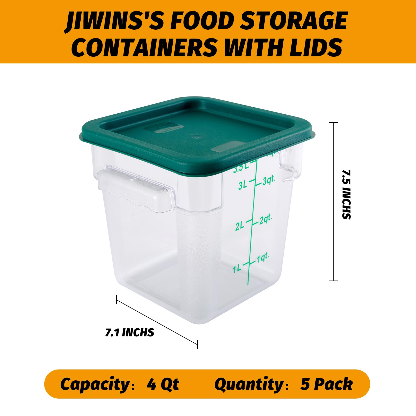 Clivia 4 Qt Commercial Grade Square Food Storage Containers with Lids,Polycarbonate,Clear - Case of 5 - Image 3