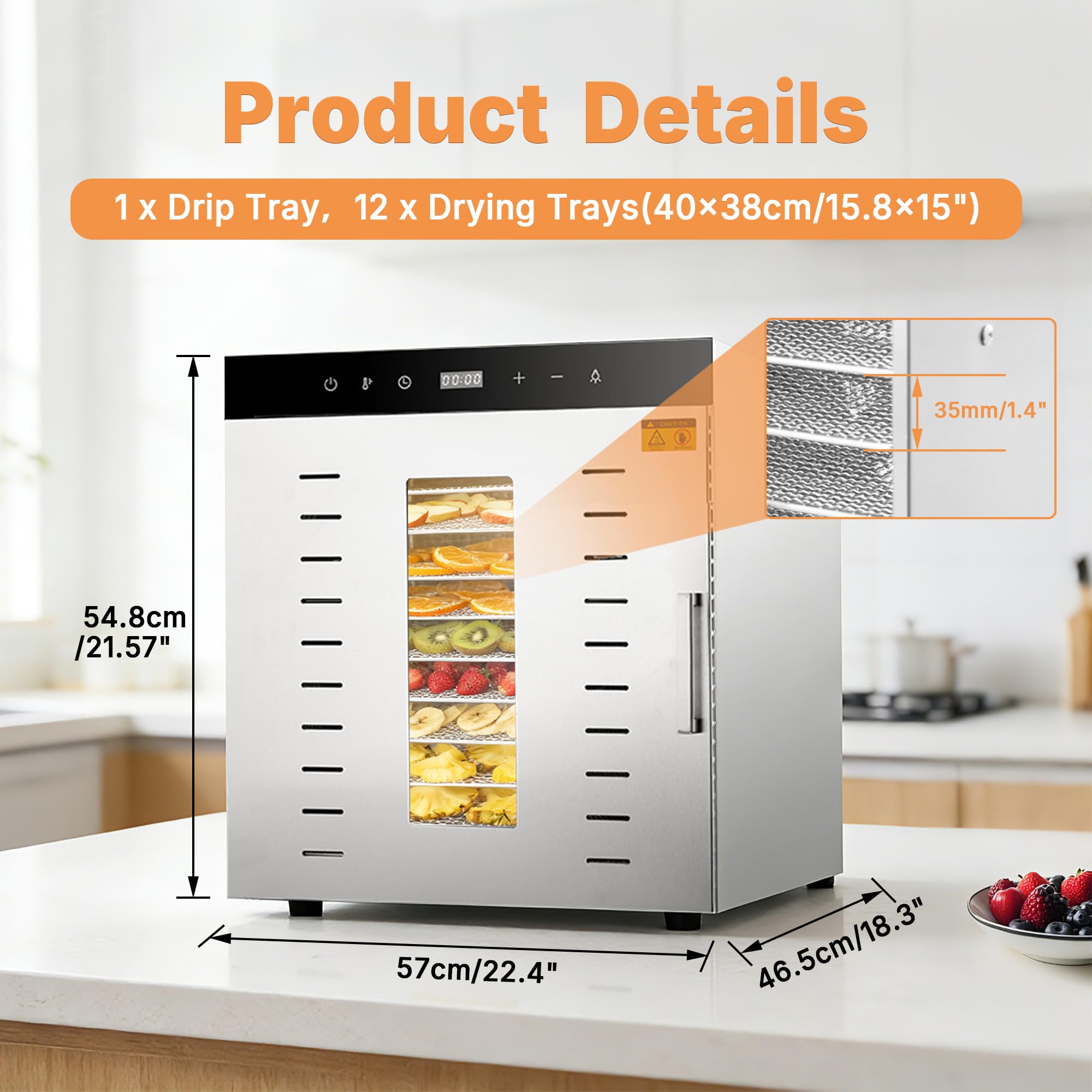 MorganGastro Commercial 12 Tray Food Dehydrator Electric Meat Fruit Jerky Dryer Machine, 1500W - Image 2