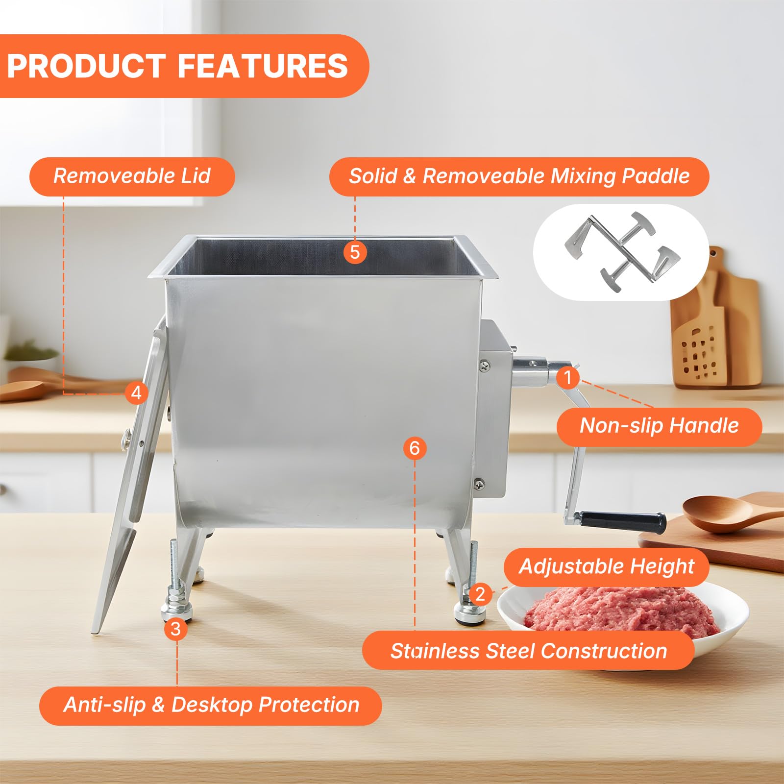 MorganGastro 22.5L/45lb Manual Meat Mixer, Fixed Stainless Steel Tank Commercial Sausage Mixer - Image 3