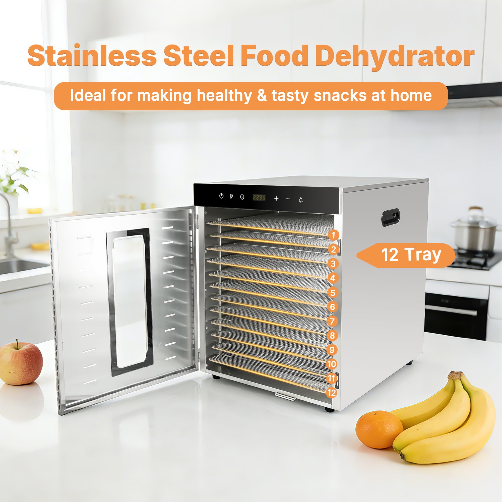 MorganGastro Commercial 12 Tray Food Dehydrator Electric Meat Fruit Jerky Dryer Machine, 1500W - Image 4