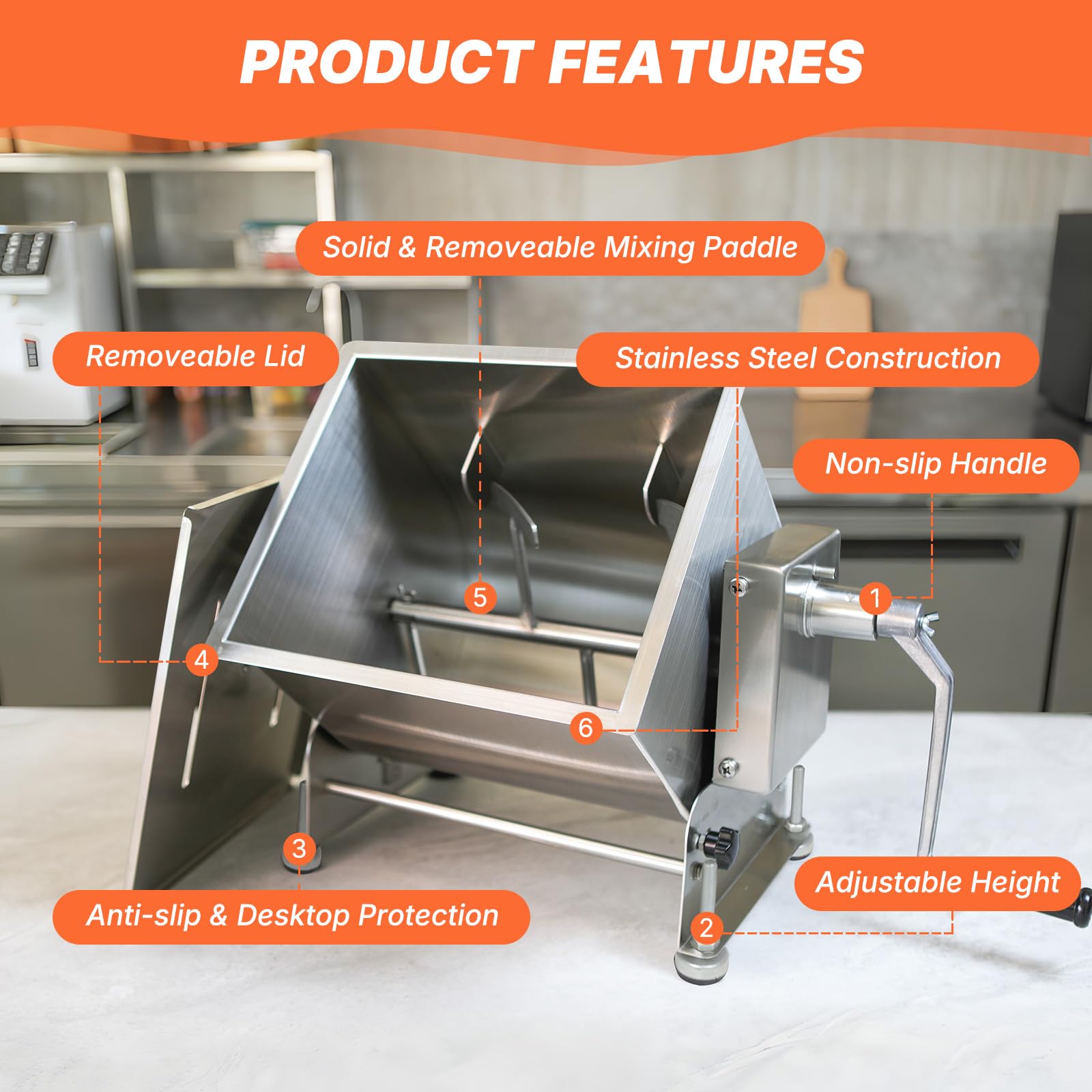 MorganGastro 30L/60lb Manual Meat Mixer, Tilting Stainless Steel Tank Sausage Mixer - Image 4
