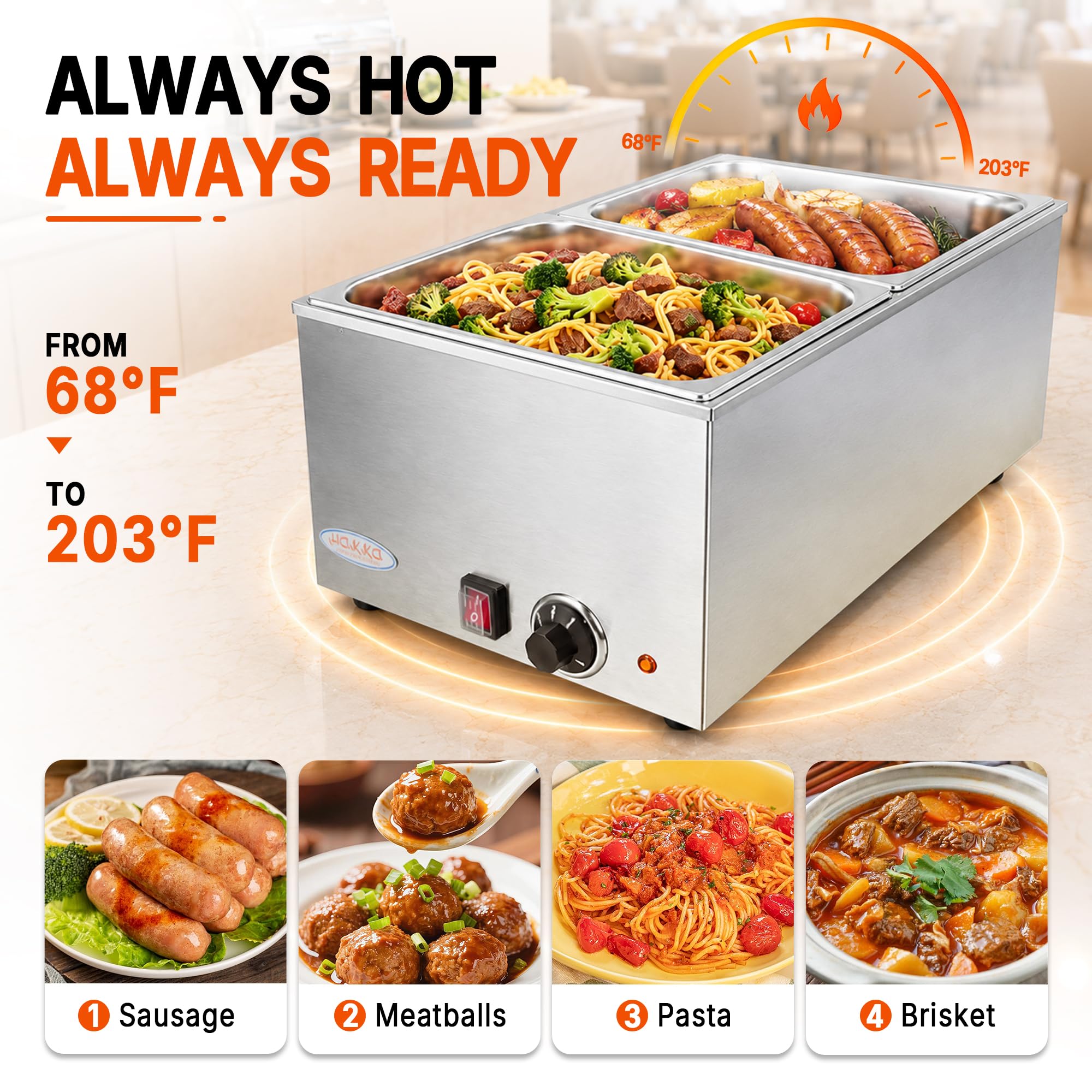 EasyRose 2-Pan Countertop Electric Food Warmer with Lids, 1200W Stainless Steel Buffet Bain Marie - Image 4