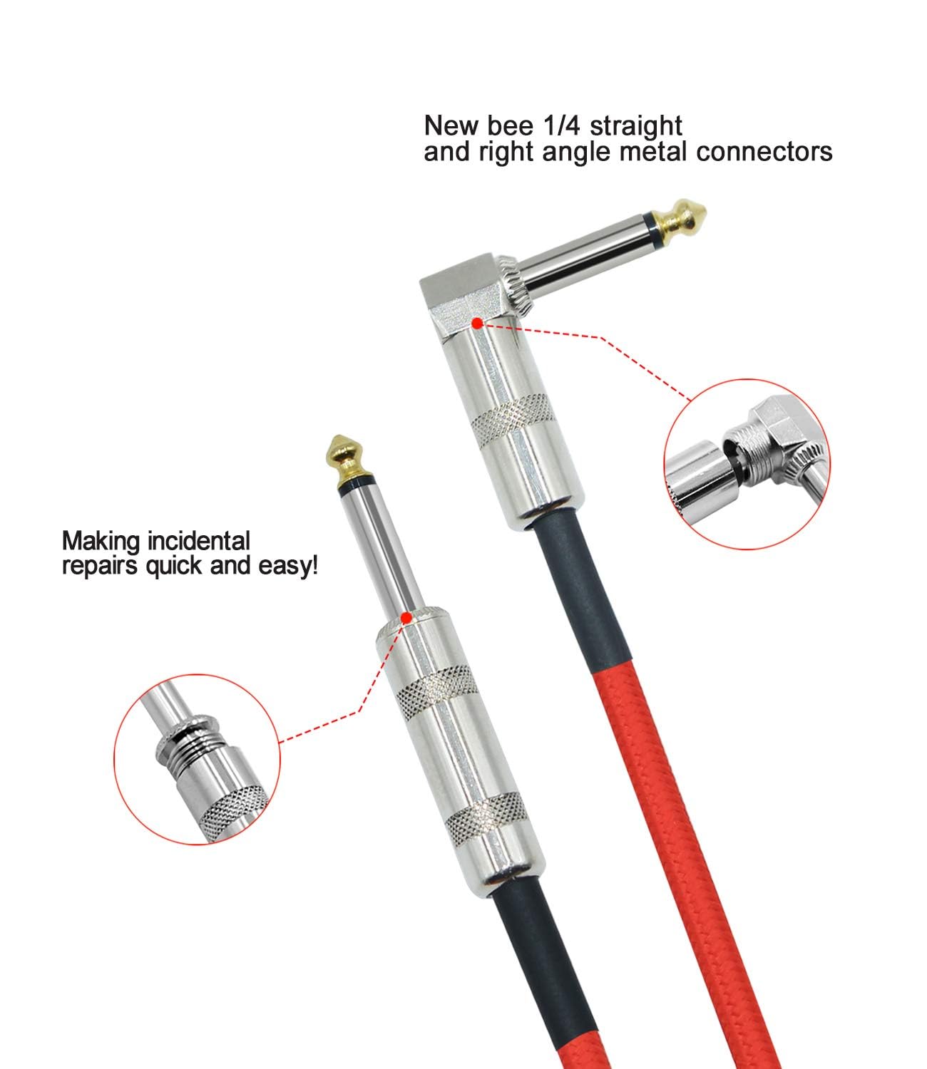 10Feet Professional Guitar Instrument Cable with a red Tweed Coat Angle 1/4 Inch TS to Straight 1/4 Inch TS - Image 4