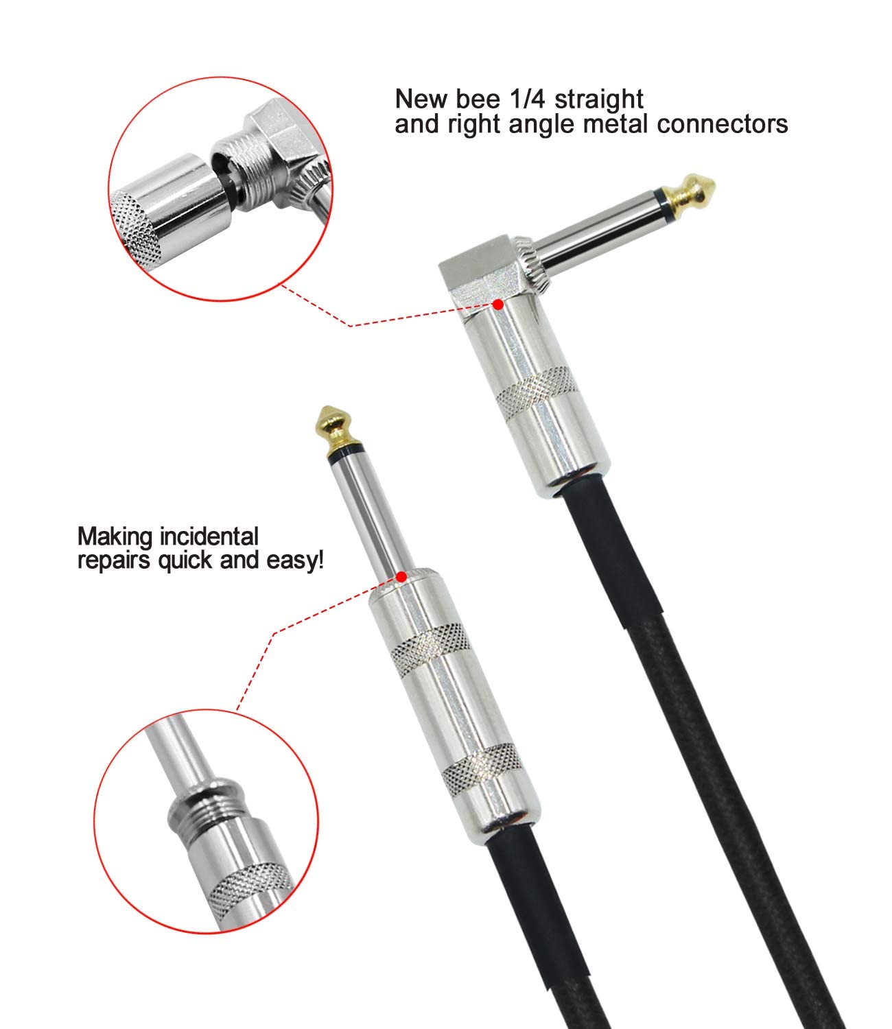 10feet Professional Guitar Instrument Cable, Guitar Cable Right Angle1/4 Inch TS to Straight 1/4 Inch TS for Electric Guitar, Bass, Keyboard, Pro Audio - Image 4