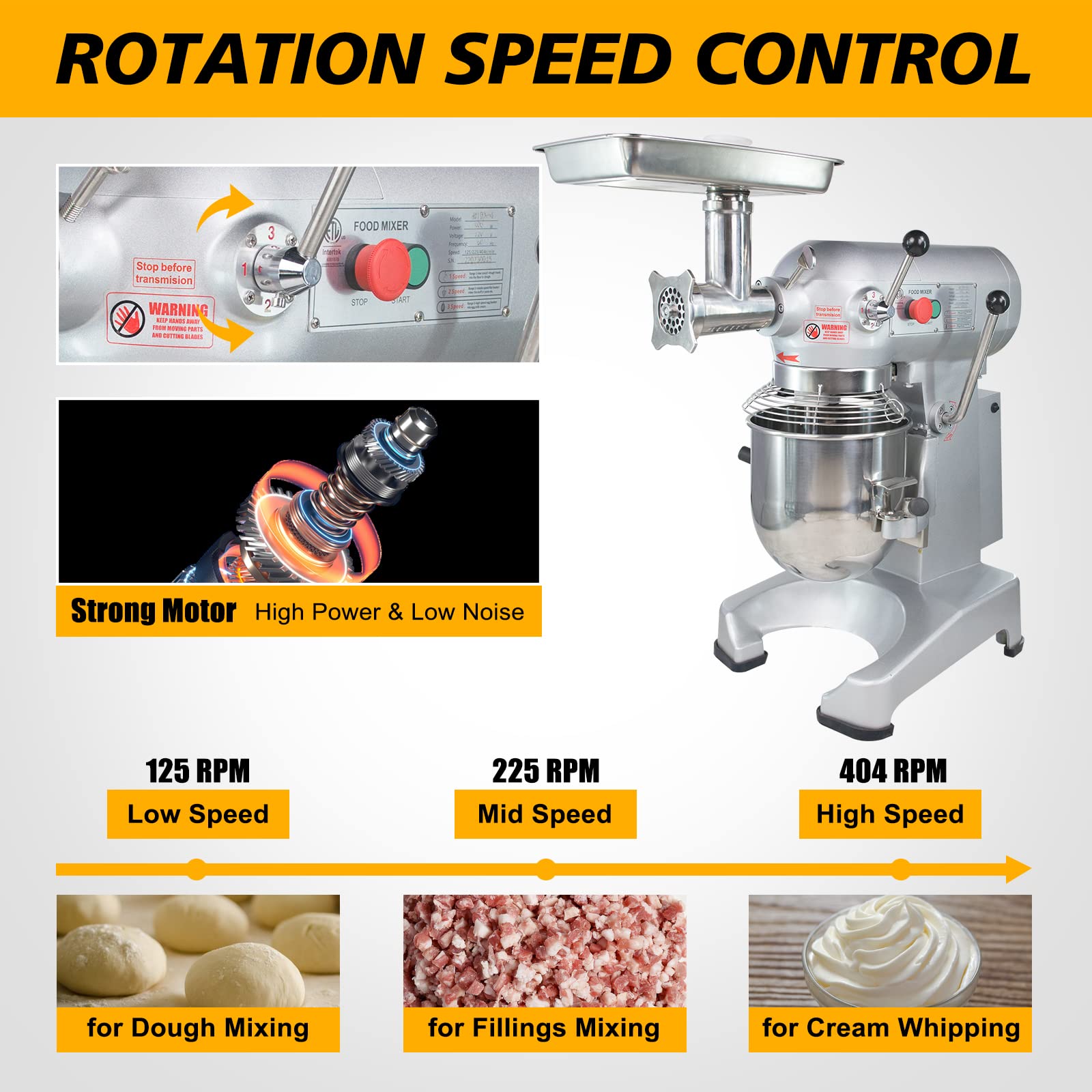 MorganGastro 30Qt Dough Stand Mixer 3 Speed, 4 Function Stainless Steel Food Mixer with Meat Grinder Head, ETL certified - Image 5