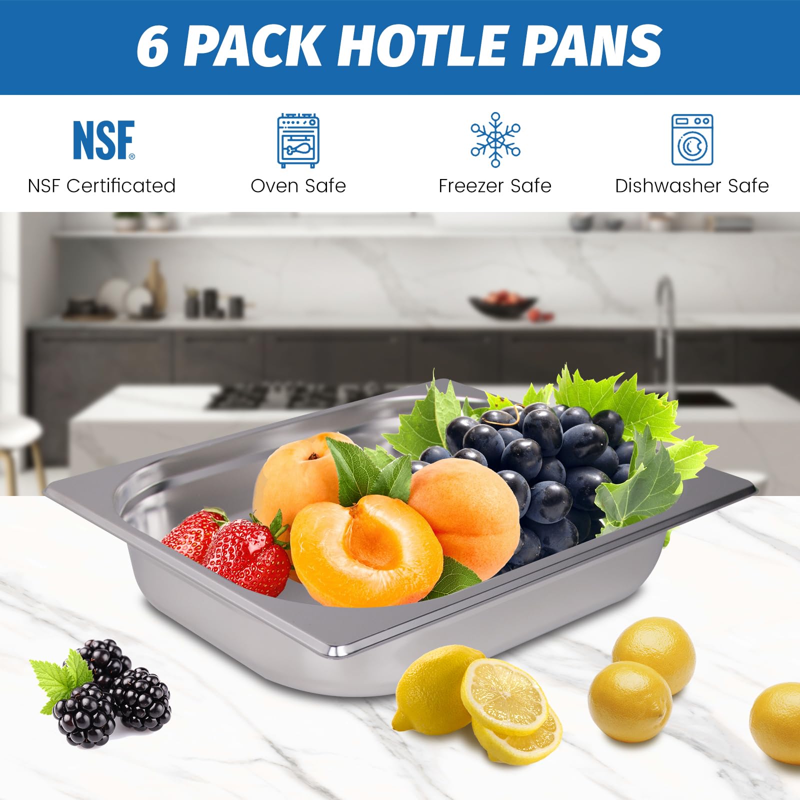 Clivia 1/2 Size Stainless Steel Food Pans,2.5"Deep Food Containers- Pack of 6 - Image 4