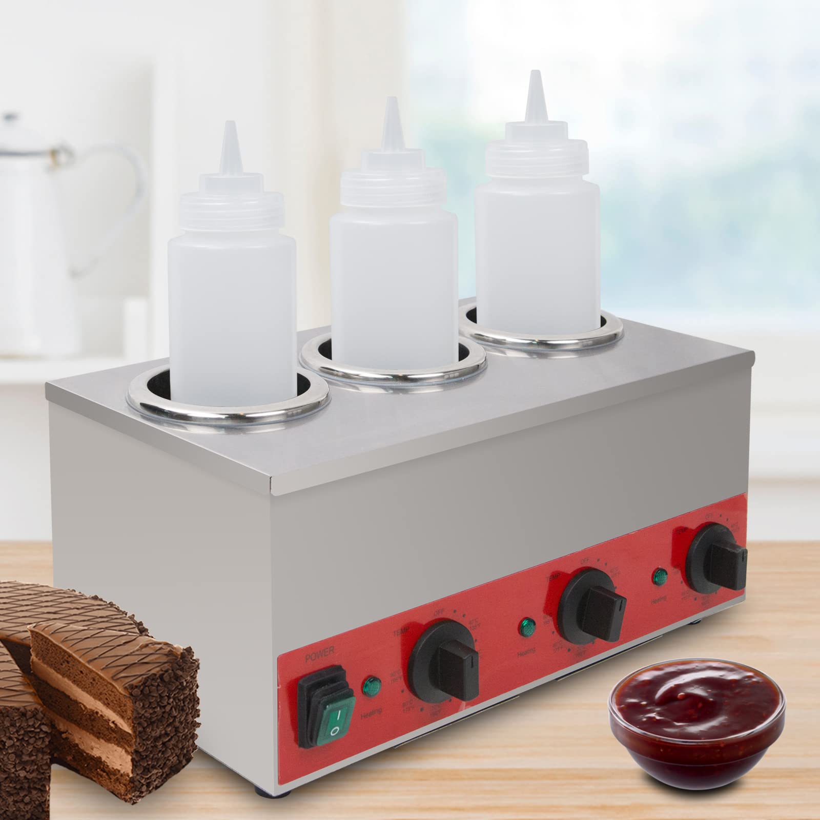 EasyRose 3 Grid Commercial Sauce & Cheese Warmer, Dual-Well Electric Squeeze Bottle Warmer, Stainless Steel, 105–195°F - Image 2