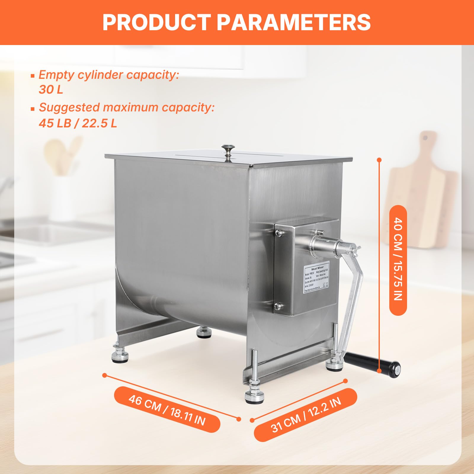 MorganGastro 22.5L/45lb Manual Meat Mixer, Fixed Stainless Steel Tank Commercial Sausage Mixer - Image 2