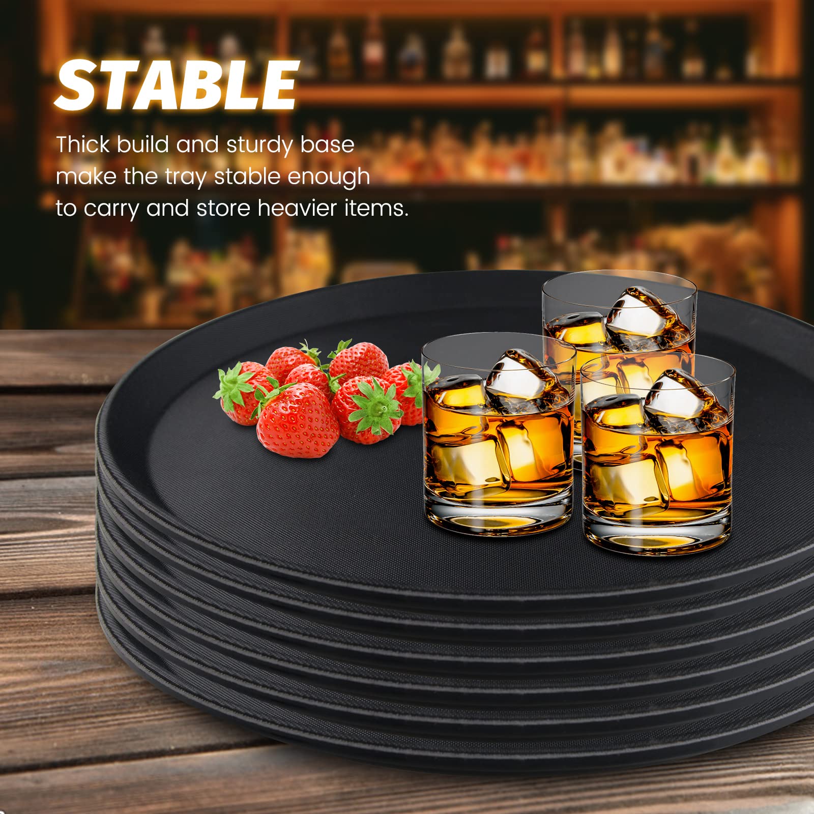 Clivia 6 Pack Restaurant Grade Non-Slip Tray,Fiberglass Serving Trays,Round,16-inch,Plastic,Black - Image 2