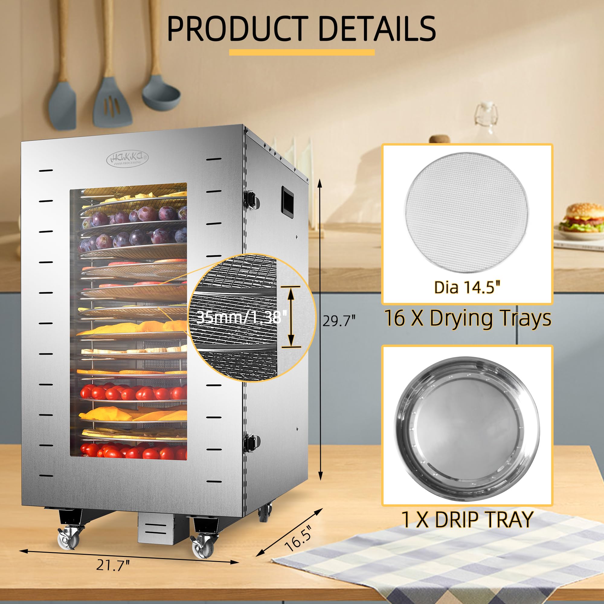 MorganGastro Food Dehydrator 16 Trays Stainless Steel 360° Rotation Meat Jerky Dryer - Image 2
