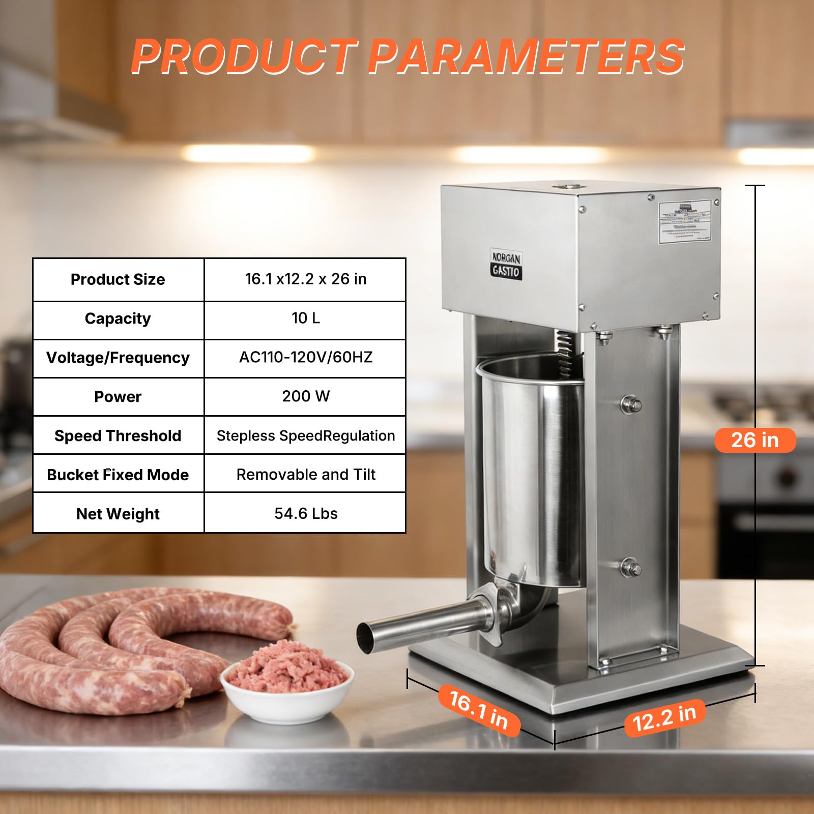 Morgangastro 10L/22lb Electric Sausage Stuffer, 200W Stainless Steel Meat Filler with Foot Pedal and 5 Stuffing Tubes - Image 2