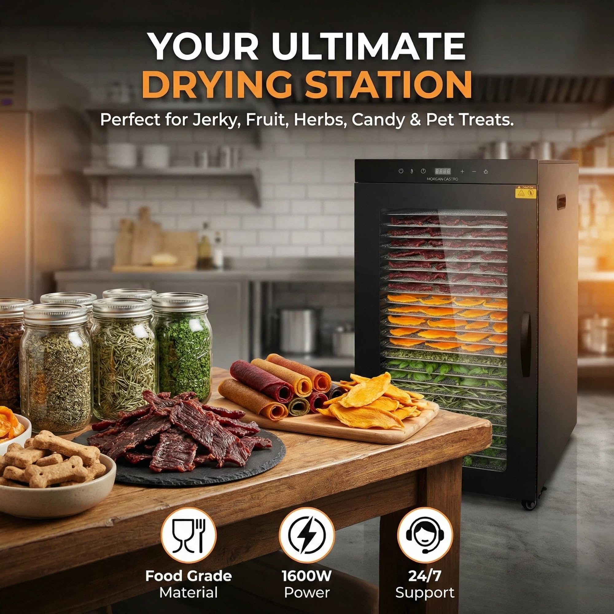 Morgangastro 24-Tray Food Dehydrator, 1600W, 86°F-194°F, 24H Timer, for Jerky, Fruits, Meat & Herbs - Image 8