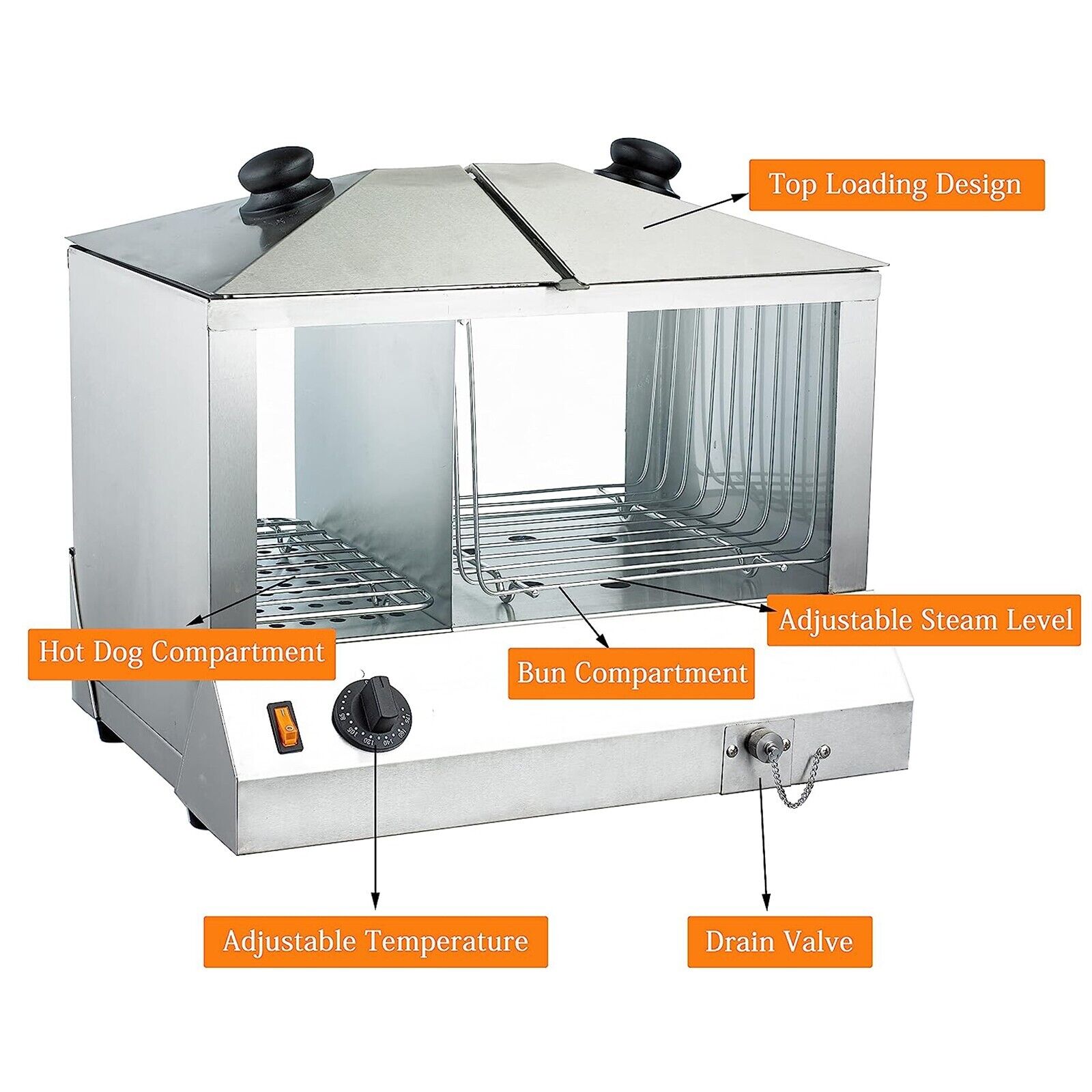EasyRose Commercial 200 Hot Dog Steamer and 48 Bun Warmer, 1300W Countertop Cooker Machine - Image 3