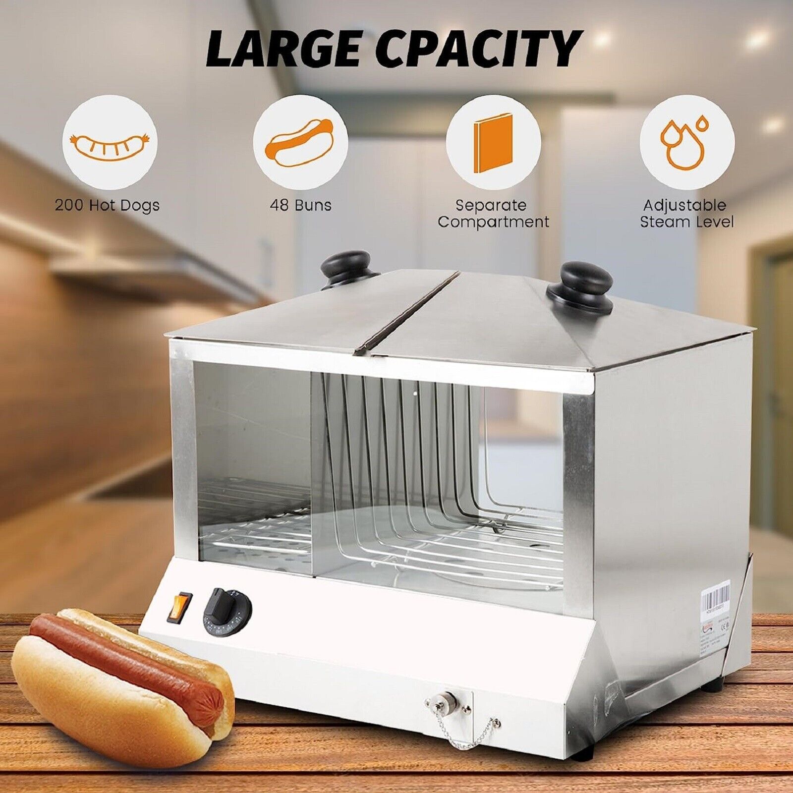 EasyRose Commercial 200 Hot Dog Steamer and 48 Bun Warmer, 1300W Countertop Cooker Machine - Image 4